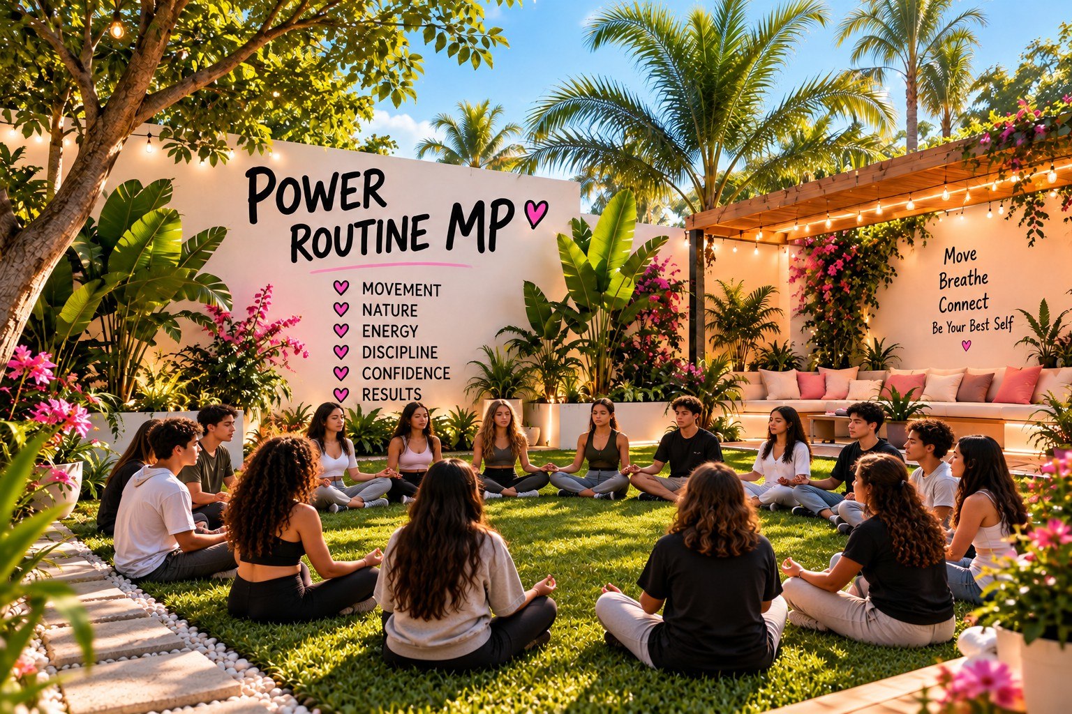 Grupo de jóvenes meditando al aire libre en Power Routine MP